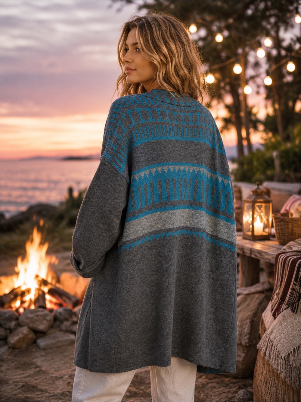 Sundance Quiet Isle Cashmere Wool Boho Duster Cardigan L Fair Isle Sweater open - Picture 3 of 10